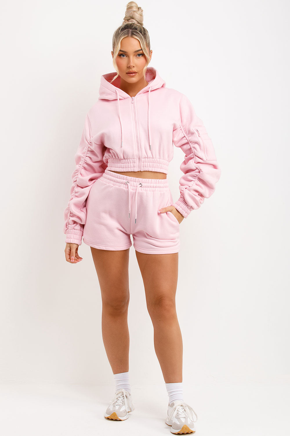 Ruched Sleeves Crop Zip Hoodie and Short Tracksuit Co-ord Set