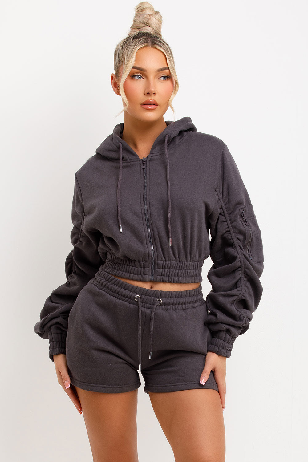 Zip Hoodie Crop Hoodie Short Set Ruched Sleeves Crop Hoodie And