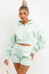 Ruched Sleeves Crop Hoodie and Short Tracksuit Co-ord Set