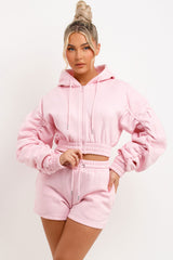 Ruched Sleeves Crop Zip Hoodie and Short Tracksuit Co-ord Set