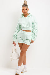 Ruched Sleeves Crop Hoodie and Short Tracksuit Co-ord Set